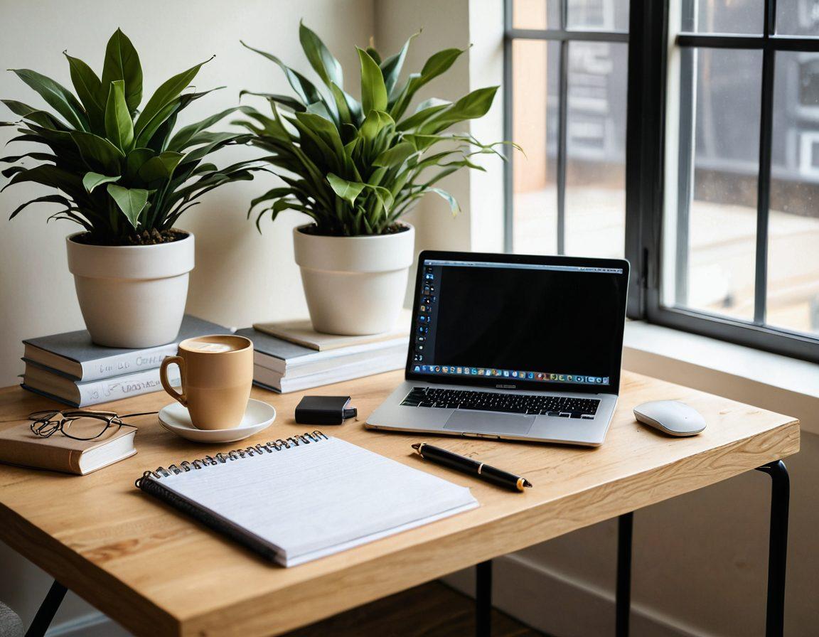 A modern desk scene featuring a laptop displaying a blog dashboard, surrounded by inspirational books on writing, a stylish coffee mug, and a small potted plant. Soft natural light streaming through a nearby window, highlighting a notepad with jotting ideas for blog management. Elements of creativity and organization visually represented. minimalistic design. warm tones.