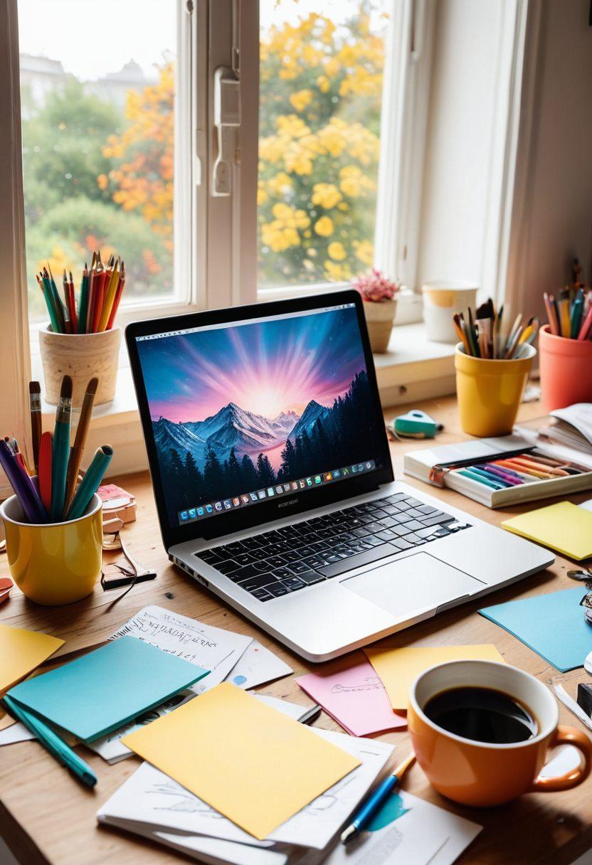A vibrant and dynamic scene featuring an open laptop on a colorful desk, surrounded by art supplies, coffee cups, and inspirational quotes on sticky notes. In the background, a bright window lets in natural light, and creative elements like paintbrushes and sketch pads reflect a sense of artistic freedom. The atmosphere is energetic and inviting, symbolizing blogging success and creativity. super-realistic. vibrant colors. white background.