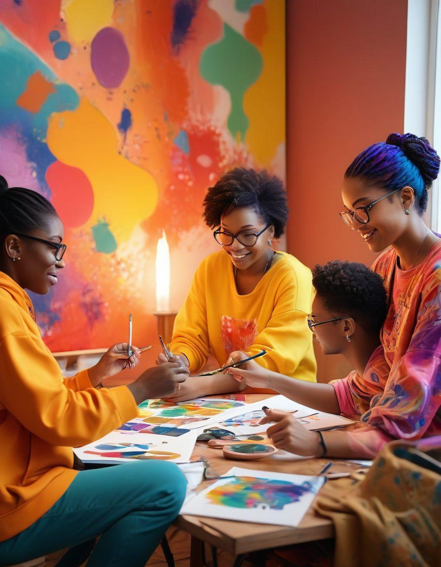 A diverse group of enthusiastic individuals engaged in creative activities, showcasing elements of self-expression like painting, writing, and digital design. Their vibrant clothing reflects their unique personalities, while colorful abstract shapes and symbols float around them, representing online connections and community spirit. Soft, glowing light enhances the warm and inviting atmosphere. super-realistic. vibrant colors. 3D.